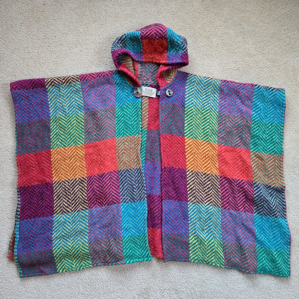 Wool Handwoven Colorful Cape Sweater Poncho Cloak John Branigan Boho Herringbone - Picture 6 of 11